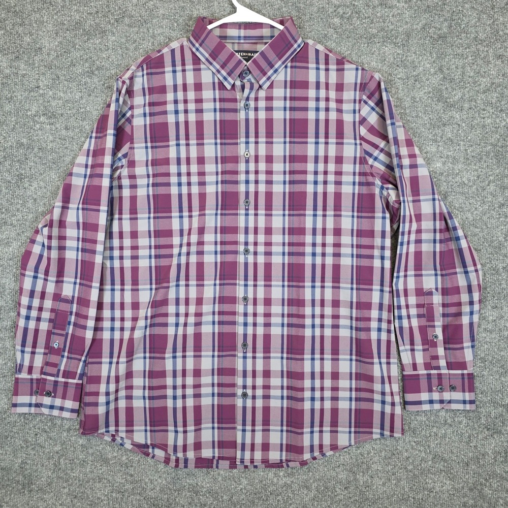 Mizzen+Main Leeward No Tuck Shirt Mens Large Purple Plaid‎ Wrinkle Resistant